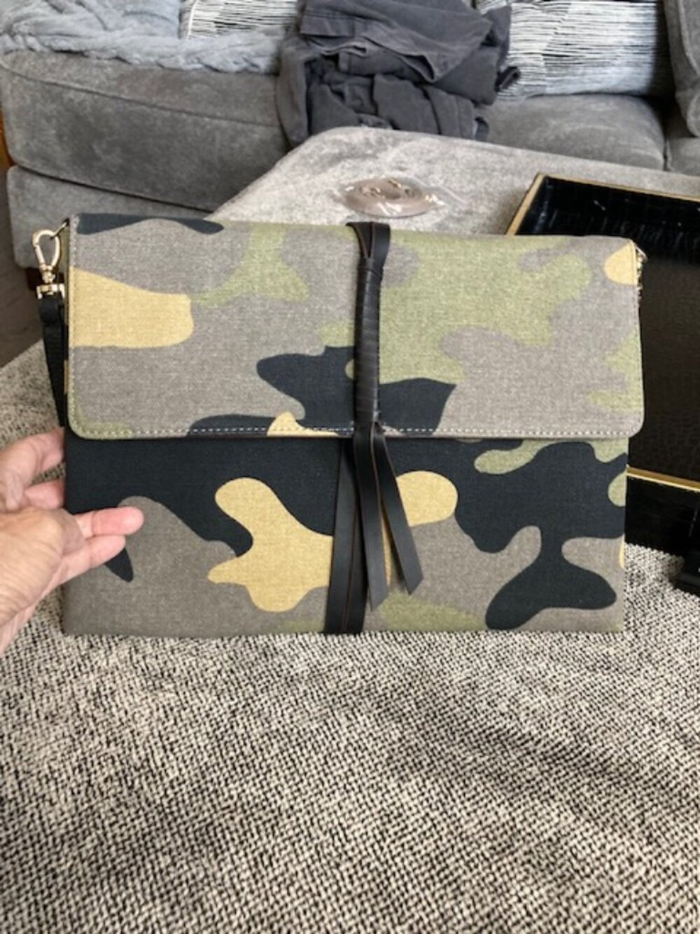 Camo Clutch Bag with Crossbody Strap in Leather